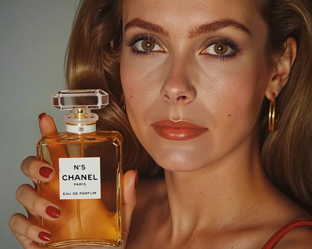 Foto publicitaria IA con estilo Chanel perfume 80s 01 RETOCADA